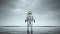 Mysterious Astronaut with Gold Visor Standing in Water with Black Sand