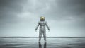 Mysterious Astronaut with Gold Visor Standing in Water with Black Sand