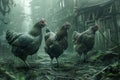 Mysterious Atmosphere with Three Chickens Roaming an Overgrown Urban Landscape in a Post Apocalyptic World