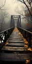 Mysterious Autumn Bridge In Enchanting Foggy Forest