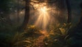Mysterious autumn forest, foggy, leaf covered footpath generated by AI