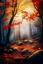 Mysterious autumn forest with red and orange leaves. magical atmosphere. selective focus. Generative AI Royalty Free Stock Photo