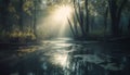 Mysterious autumn forest, tranquil reflection in pond generated by AI