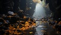 Mysterious autumn forest wet rocks, yellow leaves, dark water generated by AI Royalty Free Stock Photo