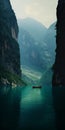 Mysterious Backdrop Small Boat On Water Amidst Majestic Mountains Royalty Free Stock Photo