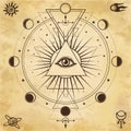 Mysterious background: pyramid, all-seeing eye, sacred geometry. Royalty Free Stock Photo