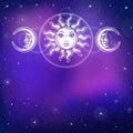 Mysterious background: the stylized sun and the moon in an image of the man and woman.