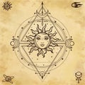 Mysterious background: sun with a human face,sacred geometry.