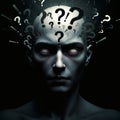 Mysterious bald man with question marks floating from head symbolizing uncertainty confusion decision making and deep thoughts