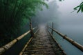 Mysterious Bamboo bridge foggy. Generate Ai