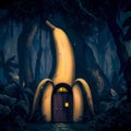 A Mysterious Banana Hut in the dark forest. Fantasy theme illustration. Generative AI. Royalty Free Stock Photo