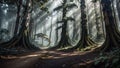 Mysterious big forest captivated with its dense foliage and trees while rays of sunlight pierced through casting ethereal of light Royalty Free Stock Photo