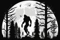 Mysterious Bigfoot in a Forest with a Simple Flat Logo and Moon on Sky Background for Adventure Websites.