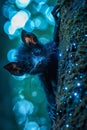 Mysterious Black Cat with Glowing Eyes Peeking from Behind a Tree in Enchanted Forest at Night with Sparkling Bokeh Lights Royalty Free Stock Photo