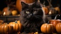 A mysterious black cat with pumpkins in halloween night