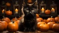 A mysterious black cat sitting in front of pumpkins in halloween night Royalty Free Stock Photo