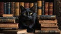 Mysterious black cat sitting beside old magical books. Witchcraft and arcane objects in a dark library setting