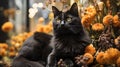 A mysterious black feline sits atop a vibrant bed of yellow flowers