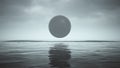 Mysterious Black Geo Sphere Floating on Black Sand Surrounded by Water