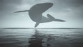 Mysterious Black Humpback Whale with White Eyes Floating Above Black Sand Surrounded by Water