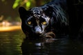 Mysterious black jaguar in the jungle crossing the river Royalty Free Stock Photo