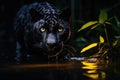 Mysterious black panther in the jungle crossing the river