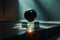 Mysterious black sphere on glass platform Royalty Free Stock Photo