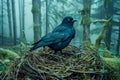 Mysterious Blackbird Perched in Nest Amidst Misty Forest Atmosphere
