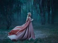 A mysterious blonde girl in a long pink dress with a train and a raincoat that flutters in the wind. The wizard leaves Royalty Free Stock Photo