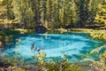 Blue geyser lake surrounded by forests in the Altai Mountain, Russia