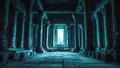 Mysterious blue-lit corridor in an ancient stone structure with rows of majestic columns, leading to a bright exit evoking a sense Royalty Free Stock Photo
