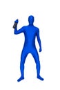 Mysterious blue man in morphsuit with bottle