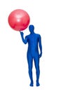 Mysterious blue man in morphsuit exercise with pilates ball
