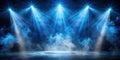 Mysterious blue stage lighting with hazy atmosphere and empty center platform. Generative AI Royalty Free Stock Photo