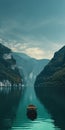 Mysterious Boat Sailing On Turquoise Alpine Lake