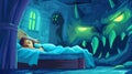 The mysterious boogeyman or ghost hides under the bed with a sleeping girl. Modern cartoon illustration of an interior