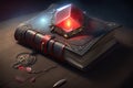 a mysterious book with a glowing red gemstone bookmark and black leather cover, sitting on an altar