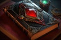 a mysterious book with a glowing red gemstone bookmark and black leather cover, sitting on an altar