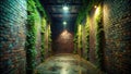 Mysterious brick passageway overgrown with lush greenery illuminated by soft lighting at night. Generative AI Royalty Free Stock Photo