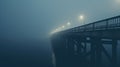 Mysterious bridge with glowing lights stretching into the distance and fading into the mist. Gloomy twilight. Generative AI Royalty Free Stock Photo