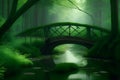 Mysterious bridge in the green forest. 3D rendering