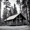 Mysterious cabin in the lonely woods, old rustic wooden cottage, nature, landscape, generative ai