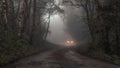 A mysterious car with its headlights on in the distance. On a spooky forest track. On a dark foggy evening