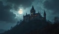 Mysterious castle on hill illuminated by moonlight against dramatic night sky with swirling clouds. Ancient architecture, gothic Royalty Free Stock Photo