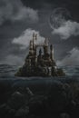 A mysterious castle in the middle of the ocean overgrown