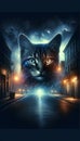 A mysterious cat, embodying intuition, set in an enigmatic urban night scene