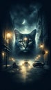 A mysterious cat, embodying intuition, set in an enigmatic urban night scene