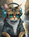 Mysterious cat roaming the city streets sitting in the rain,Cool cat in headphones and sunglasses listens to music Royalty Free Stock Photo