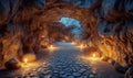 Mysterious cave pathway illuminated by candles and natural rock formations Royalty Free Stock Photo