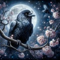 A mysterious and charming raven, sharp bright eyes, perches on the a branch of blossoms tree, in moonlit night, stars, painting